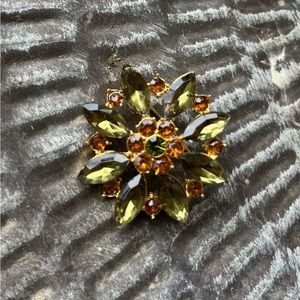 Lovely Vintage Continental Citrine and Green Rhinestone Brooch 1 3/4”